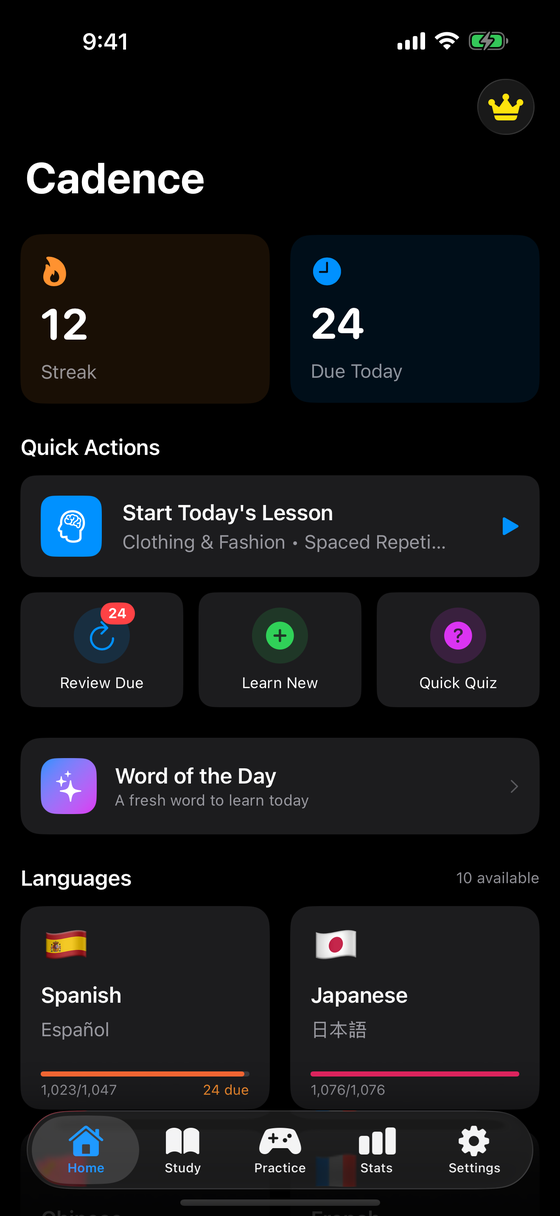 Cadence home screen on iPhone showing a twelve day streak, twenty four cards due today, quick actions, and Spanish and Japanese decks.