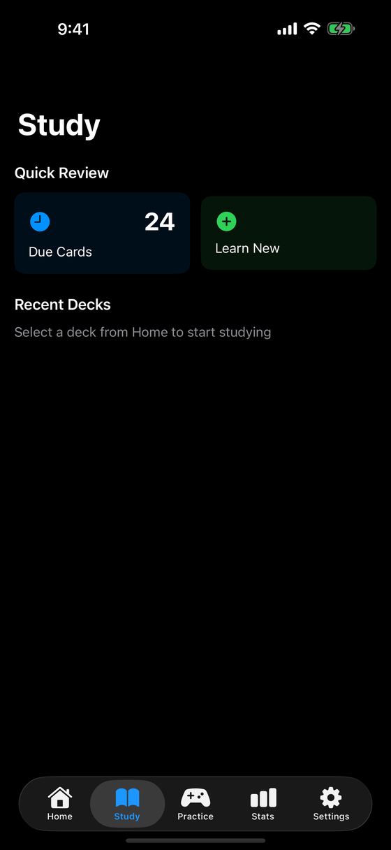 Cadence study screen on iPhone with quick review showing twenty four due cards and a learn new option.