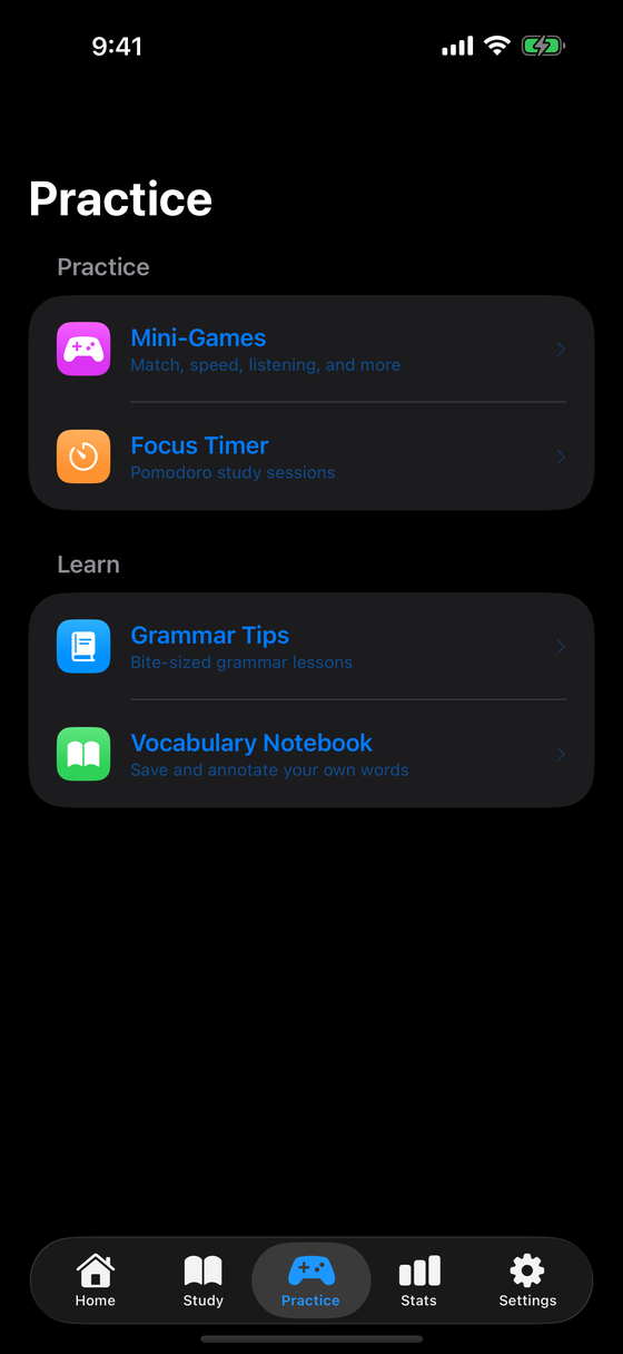 Cadence practice screen on iPhone showing mini-games, a focus timer, grammar tips, and a vocabulary notebook.