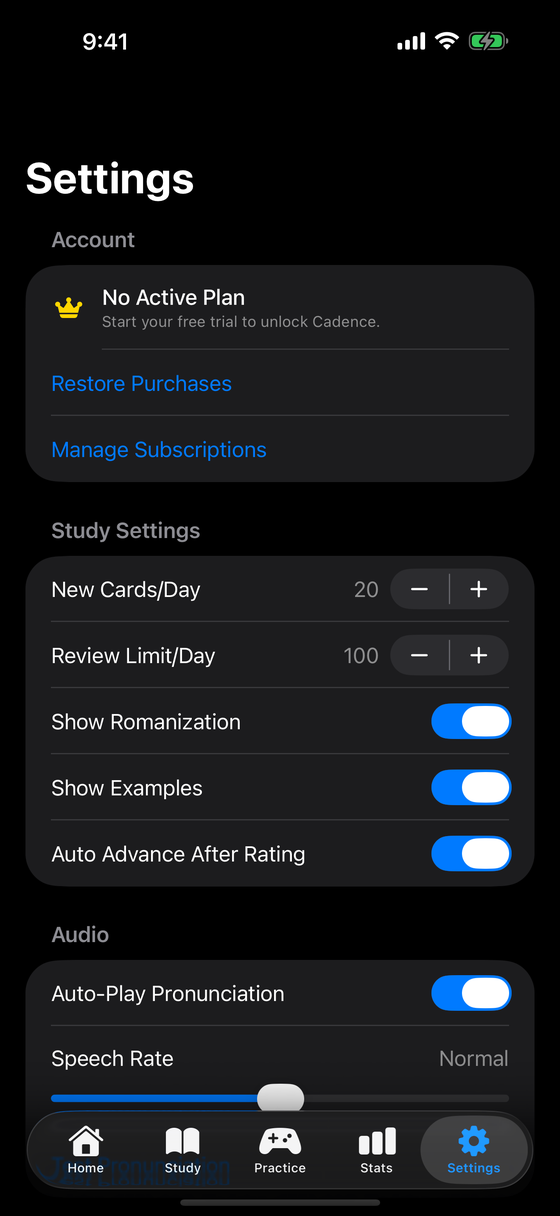 Cadence settings screen on iPhone showing account, study settings, romanization and example toggles, and audio options.
